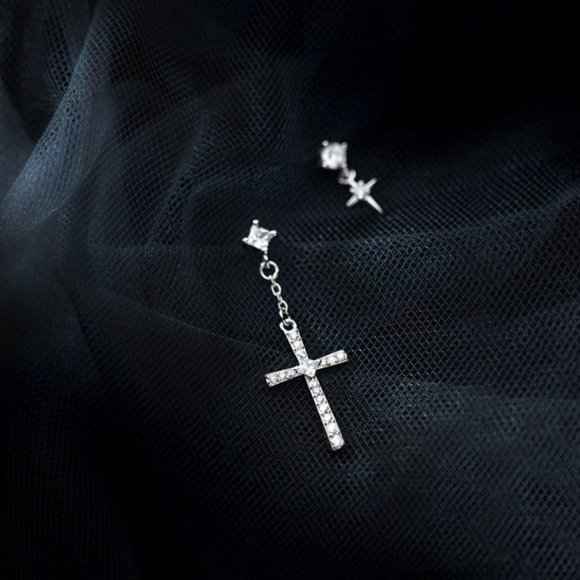 Silver Asymmetry Cross Drop studs Earrings-ECZ029 - Picture 4 of 9